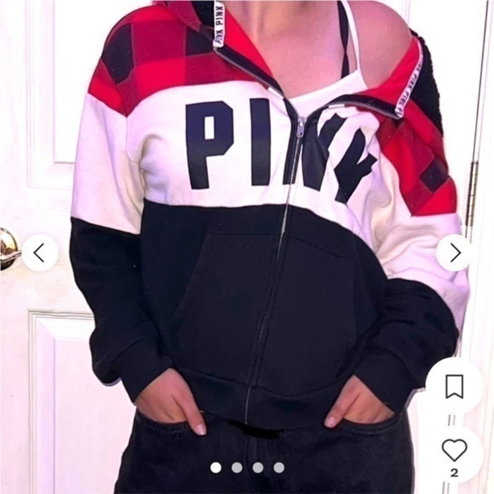 Pink Victoria’s Secret Buffalo Plaid Sweatshirt Jacket Hoodie Red Black White S